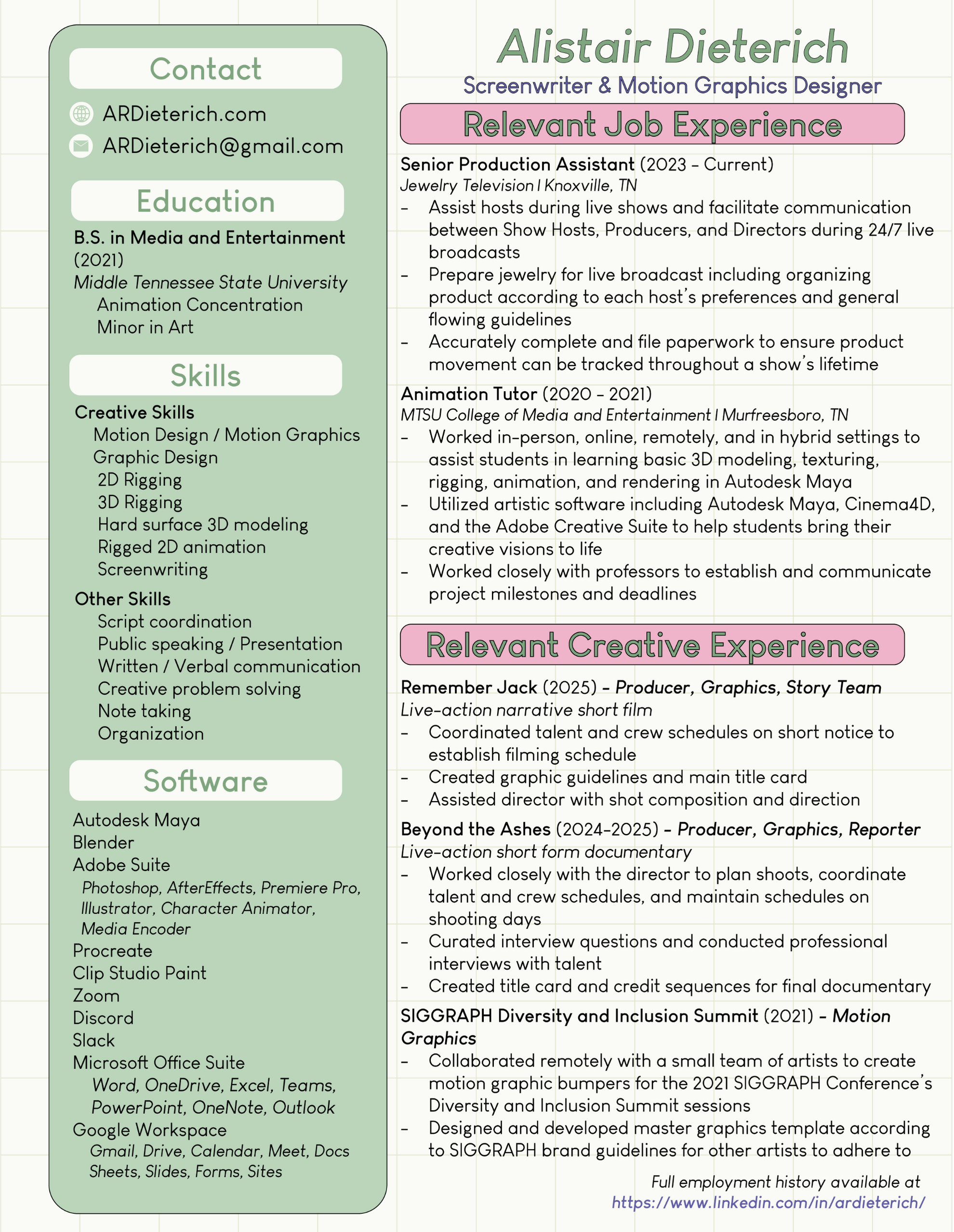 Alistair Dieterich's Creative Resume